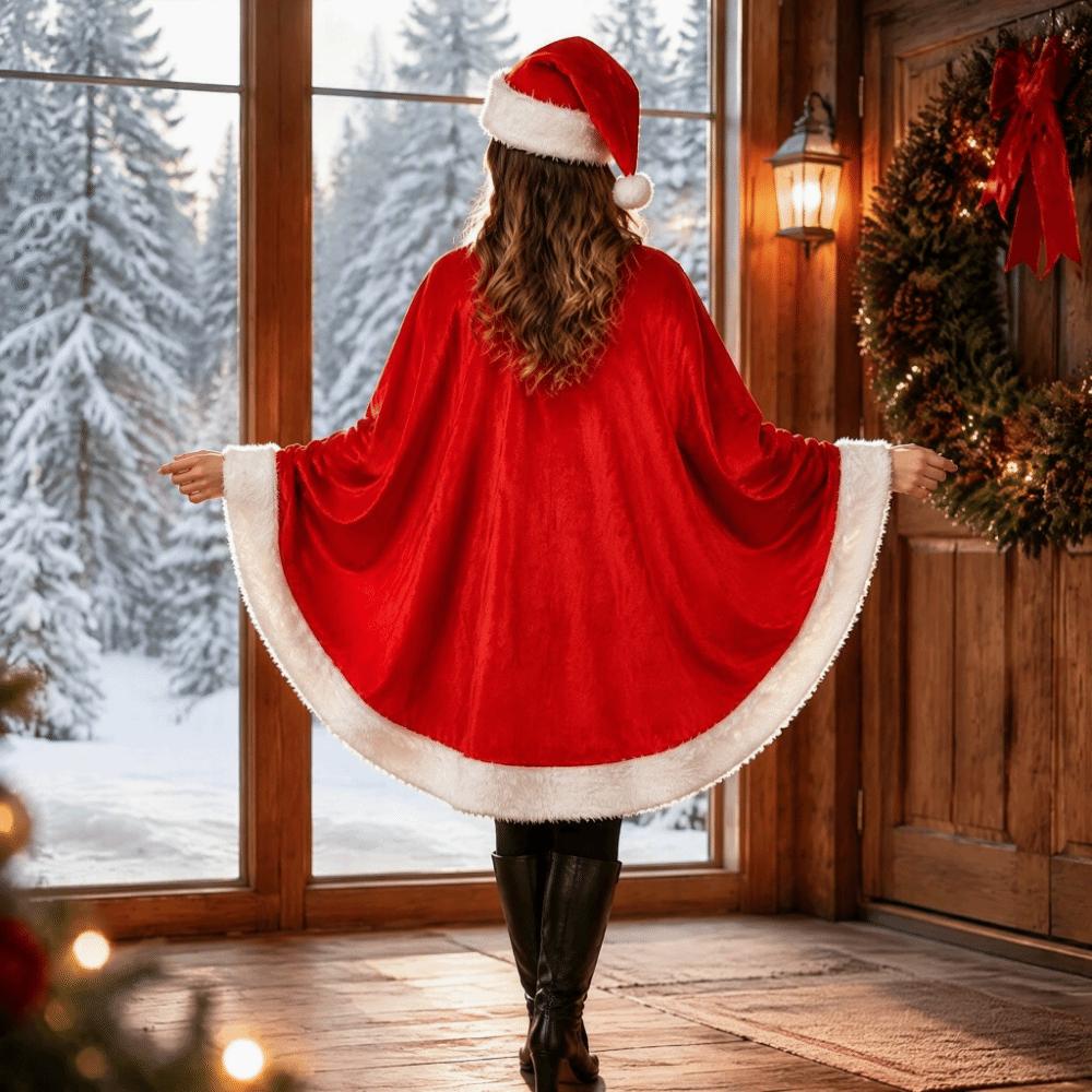 Thick Xmas Cape Polyester Santa Claus Costume Soft Christmas Cloak and Hat Adult