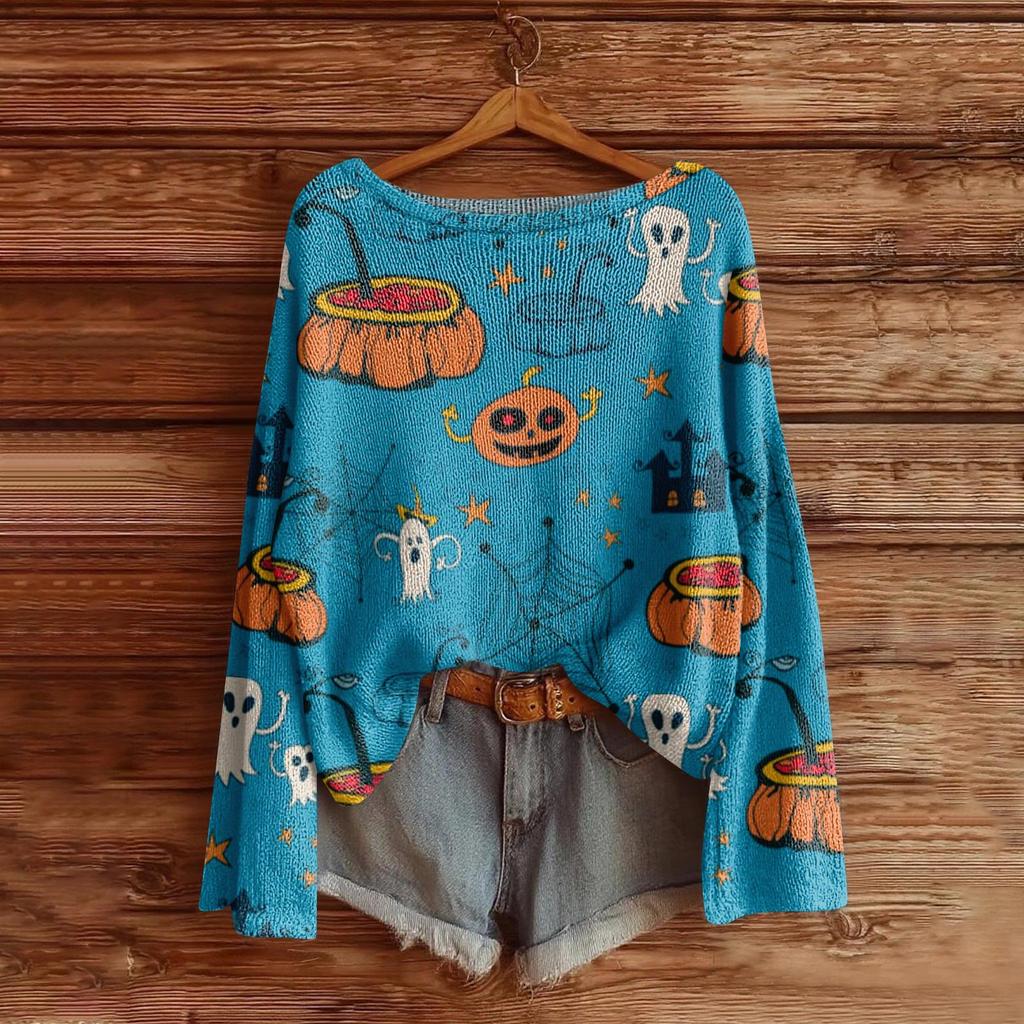 Women's Halloween Sweater, Bohemian Vintage Pattern Print Long Sleeve Knit Pullover