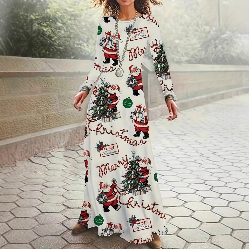 LYRIA Christmas Theme Long Sleeve Round Neck Dress Elegant Commute Style Polyester Fabric Printed Pattern Color Block Autumn Winter