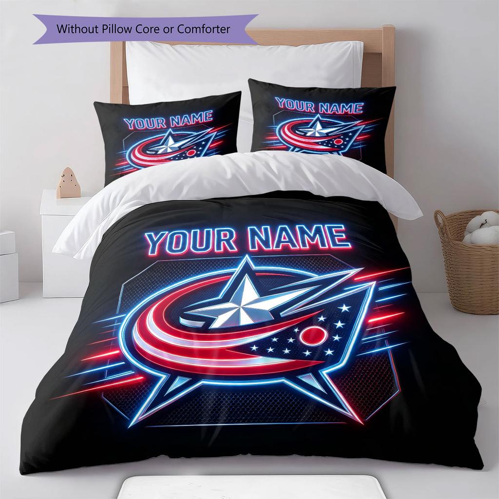 Custom Name,Columbus Blue Jackets Pattern Bedding Home Decoration Birthday Gift ( 1 duvet cover + 2 pillowcase, without core),fan merchandise.