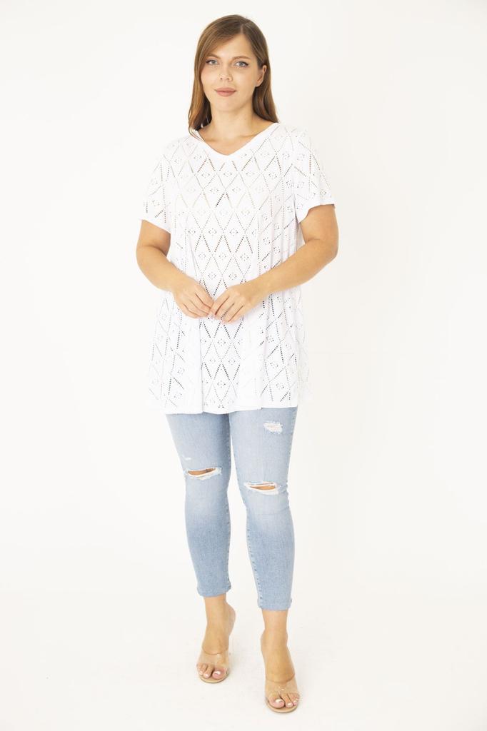 Женская блузка большого размера, белая блузка с короткими рукавами и v-образным вырезом из перфорированной ткани больших размеров