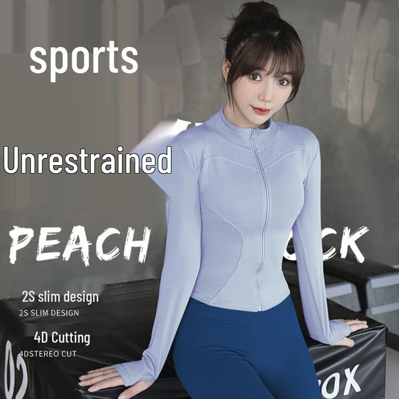 Персиковая фитнес-куртка: Быстросохнущий спортивный топ с длинным рукавом и молнией, со стойкой воротником, для йоги весной и осенью