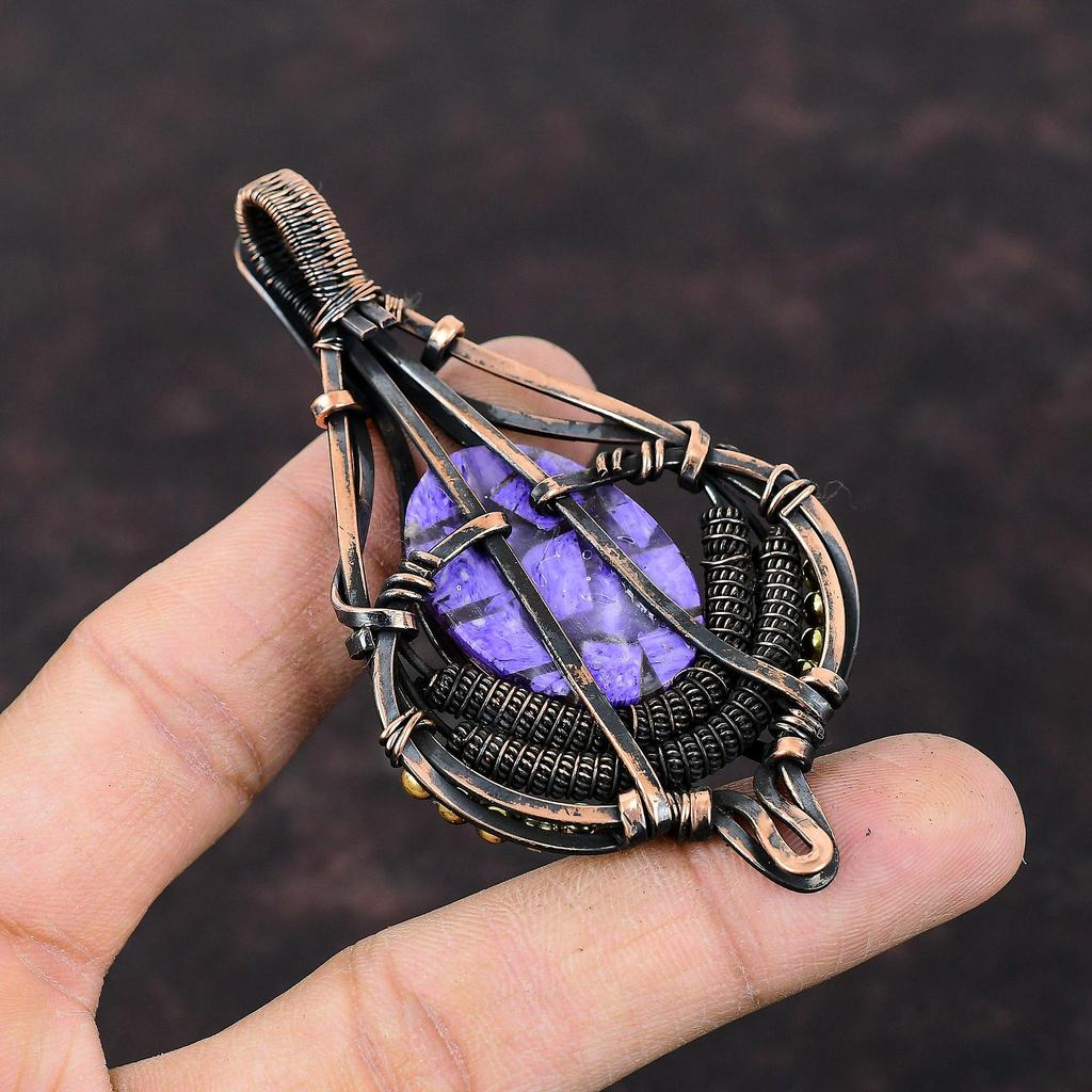 Медный кулон с чароитом, украшения, обмотанные медной проволокой, кулон с драгоценным камнем, кулон, обмотанный медной проволокой, украшения ручной работы, подарок для нее, дизайнерский кулон