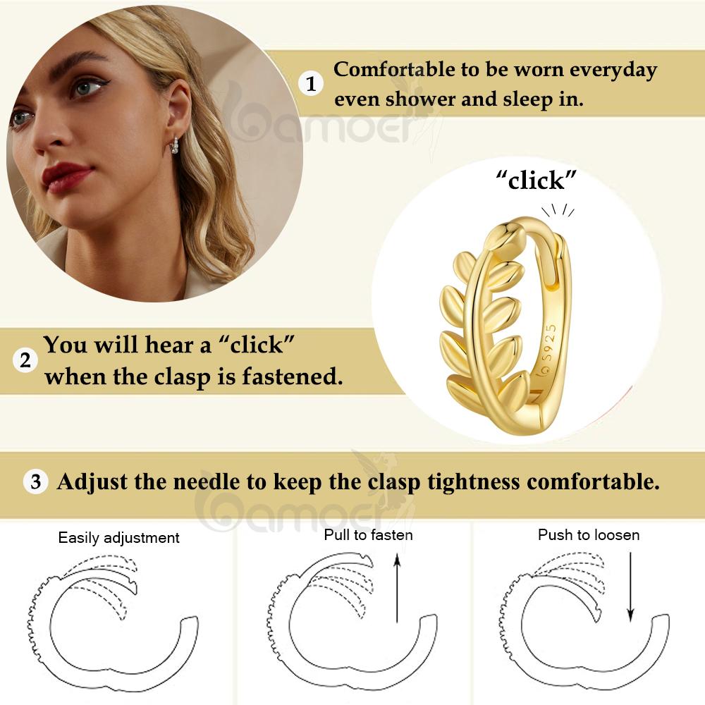 BAMOER 925 Sterling Silver Leaf Ear Buckles Simple Classic Gold Plated Hoop Earrings for Women Statement Jewelry 3 Colors