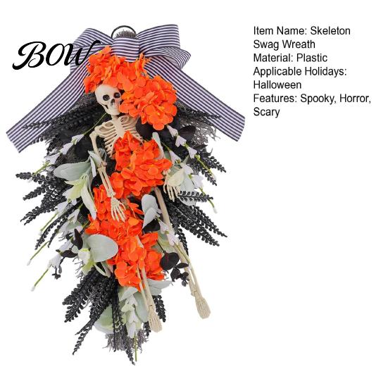 Built-in Lanyard Wreath Halloween Skeleton for Front Door, Spooky Skull Teardrop Swag with Artificial Flowers And Bow Gothic Holiday Party Home