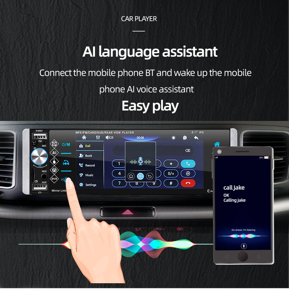 Single Din Car Stereo MP5 Player 5.1Inch Touchscreen Car Audio Radio Compatible with Bluetooth TF USB Frequency Modulation