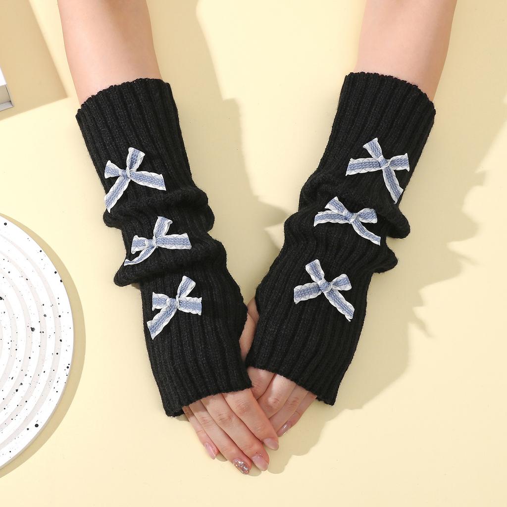 Bow Gloves for Women In Autumn and Winter Knitted Warm College Style Mid Length Stacked Sleeves Fingerless Arm Sleeves
