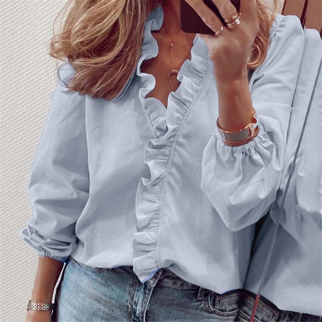 Fashion Woman Temperament Long Sleeve Ruffle Blouse Solid Colour Comfort Shirt
