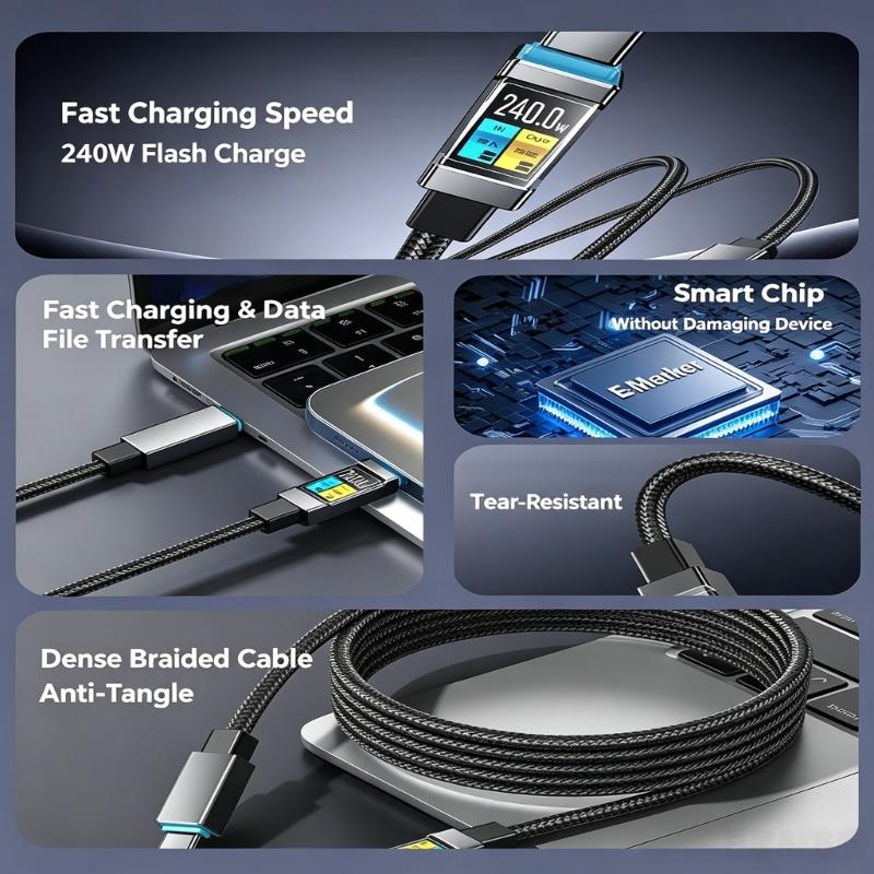 Кабель USB C - USB C 240 Вт Быстрая зарядка, 1,5 м Текстильный Type C Кабель для зарядки с передачей данных 480 Мбит/с для стола, прикроватной тумбочки, путешествий и офиса