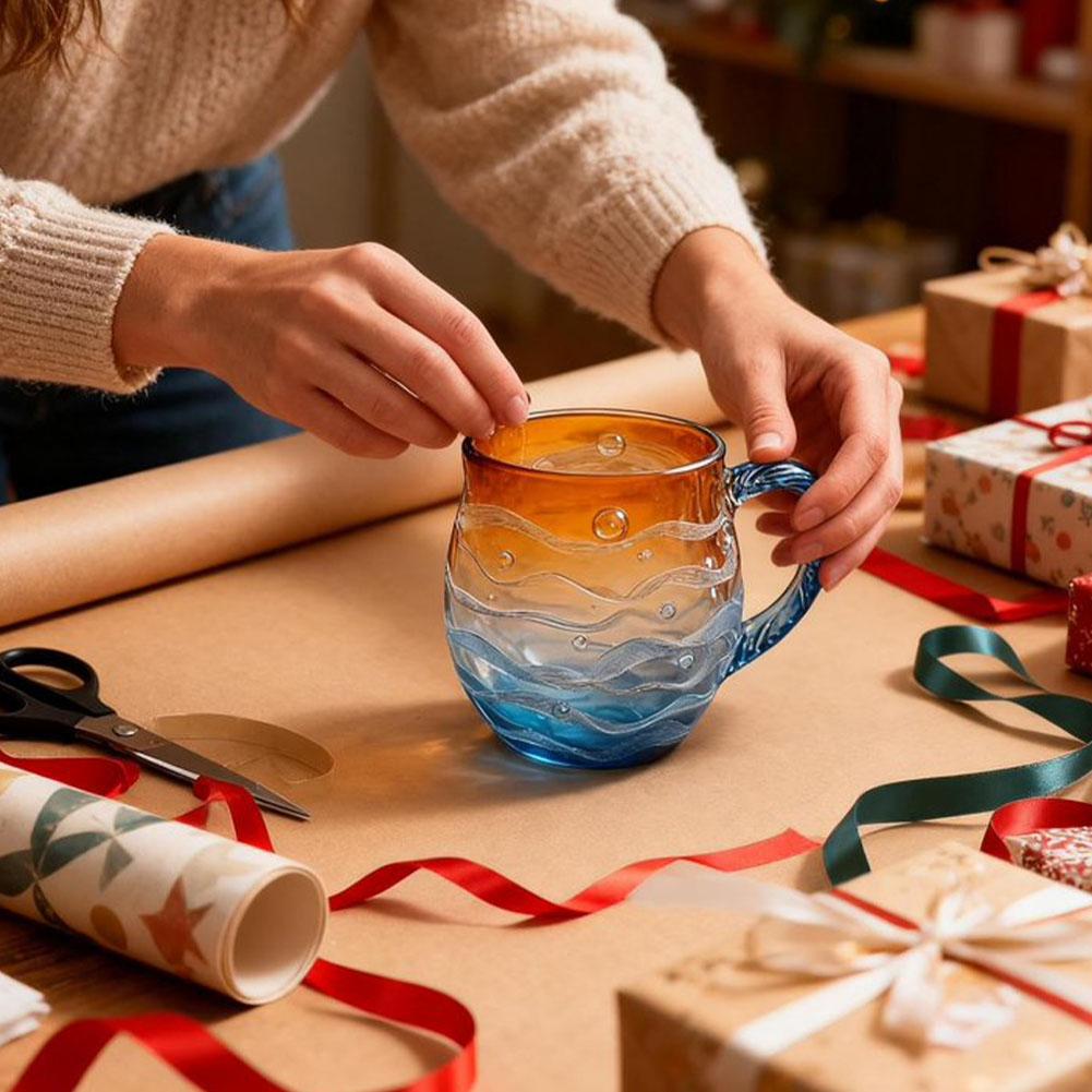 350 мл Ручная работа Закат Океан Стеклянная кружка Для послеобеденного чая Офисная кружка Уникальный дизайн Оранжевый Градиент Синий Отправка ложек