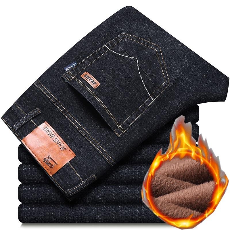 8 Types Of Blue And Black Autumn And Winter Men'S Jeans With Thick Fleece/Regular Optional Loose Straight Leg Casual Warm Outer Pants