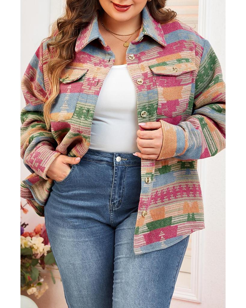 Azura Exchange Pink Plus Size Aztec Printed Flap Pocket Shacket