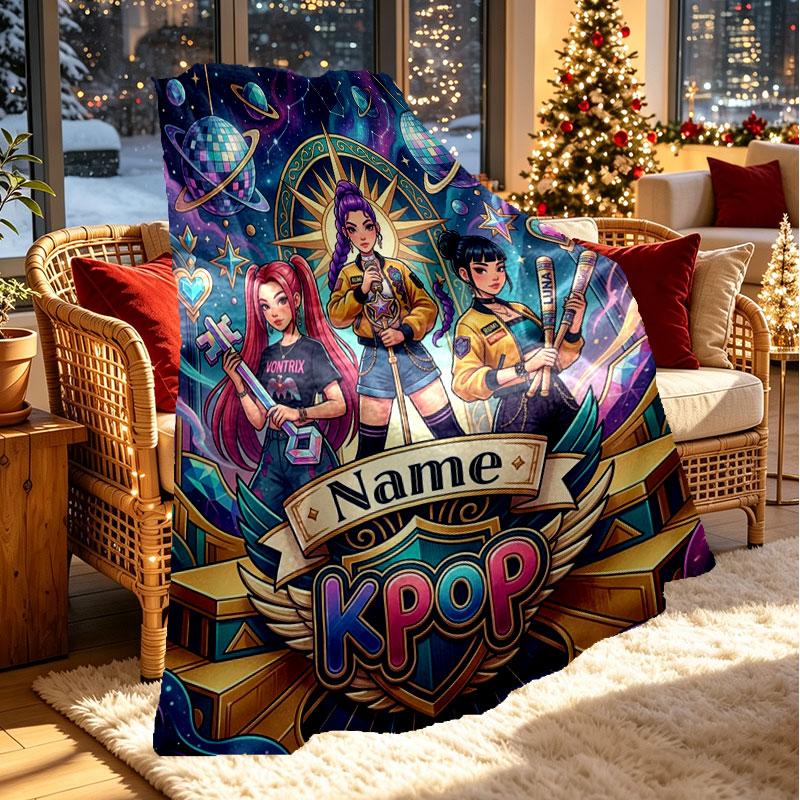 Custom Name Personalized Demon Hunters Kpop Print Blanket, Home Decor, Bedroom, Sofa, Camping, Couch, Gifts for Birthday Christmas