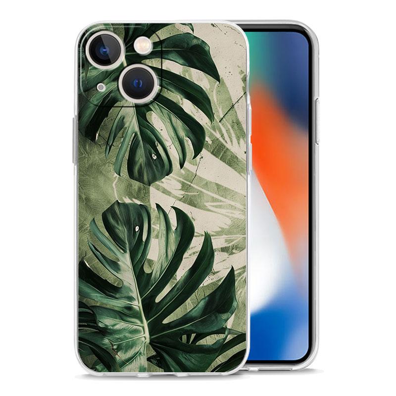 Чехол для телефона iPhone 17 Air Cases iPhone 16 15 12 13 14 Pro Max SE 7 8 Plus iPhone11 Прозрачный Мягкий Чехол Листья Монстера Зеленый
