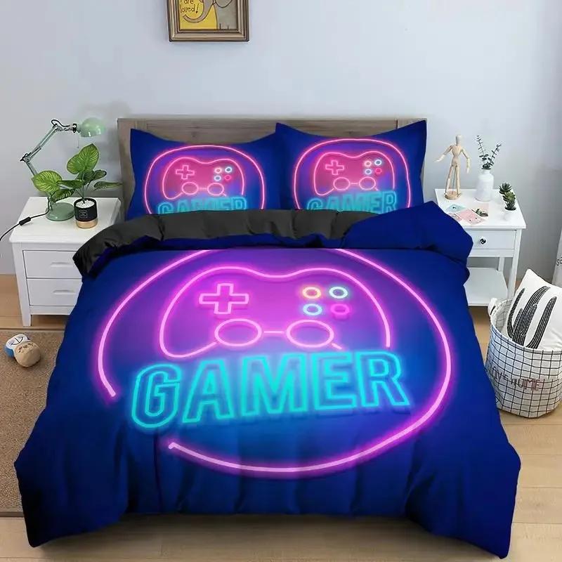 Gaming Gamepad Video Game Neon Comfortable Duvet Quilt Cover Pillowcase Bedding Set Children Bedroom Decoration Home Textile