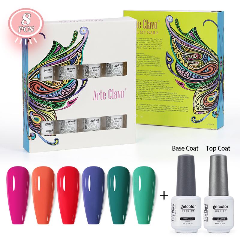 Arte Clavo 8 бутылок/набор, высококачественный блестящий гель-лак для ногтей для маникюра, гель-лак для дизайна ногтей, верхнее базовое покрытие, лак