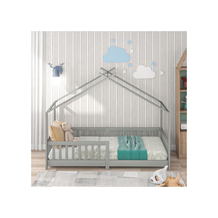 Lit d'enfant - MUVOE - 200x90cm - Bois massif - Gris - Barrière de sécurité