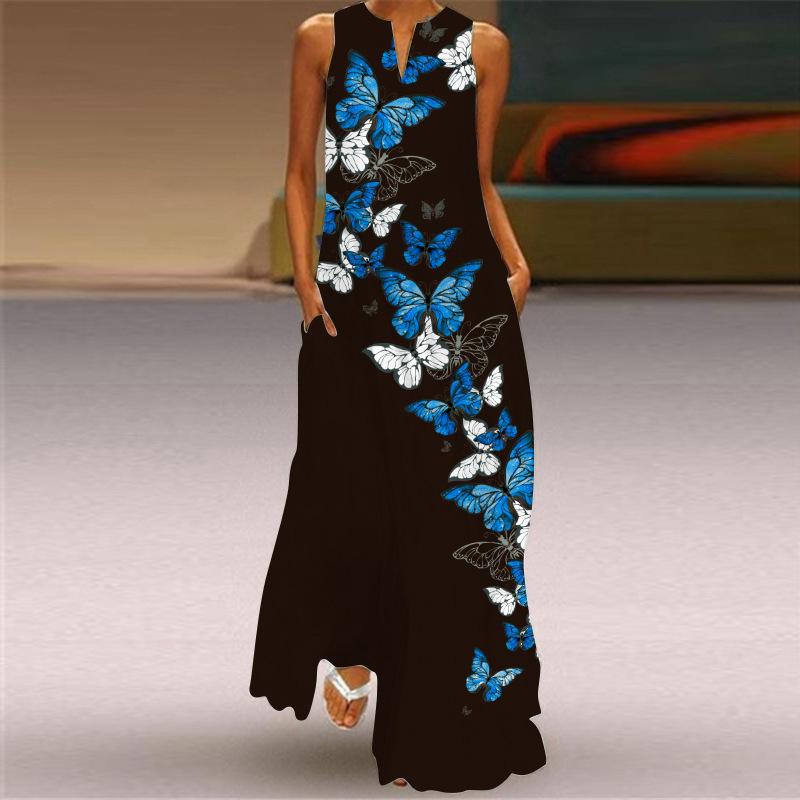2026 Summer Women's Fashion Sexy Digital Printing V-Neck Sleeveless Long Dress Pocket European and American Dress S-5XL