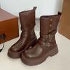 Зимние ботфорты на платформе для женщин, модные ботильоны с ремешком и пряжкой, винтажные ботильоны на низком квадратном каблуке, женская обувь