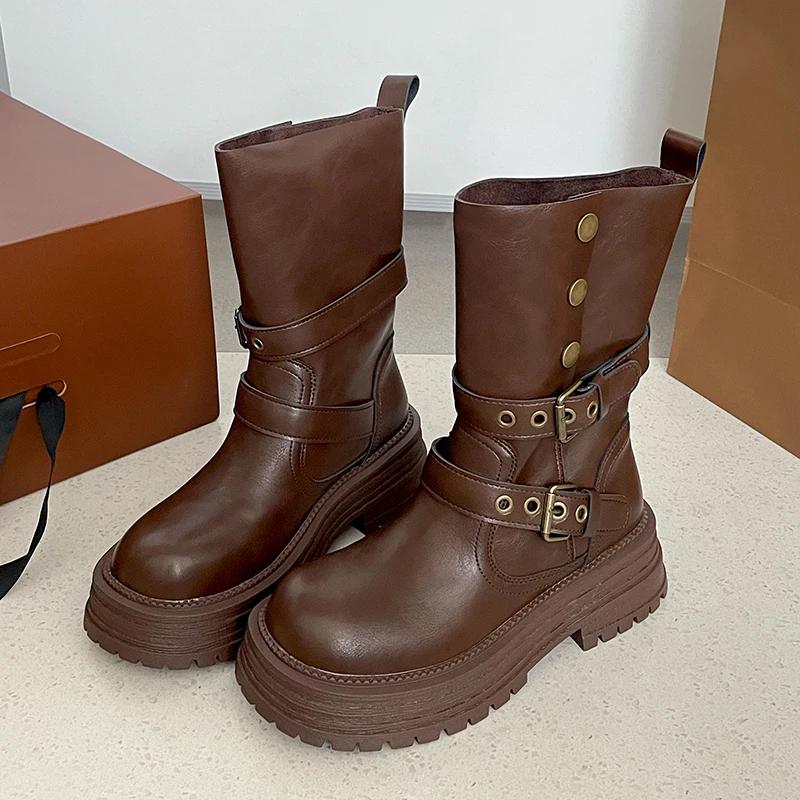 Зимние ботфорты на платформе для женщин, модные ботильоны с ремешком и пряжкой, винтажные ботильоны на низком квадратном каблуке, женская обувь