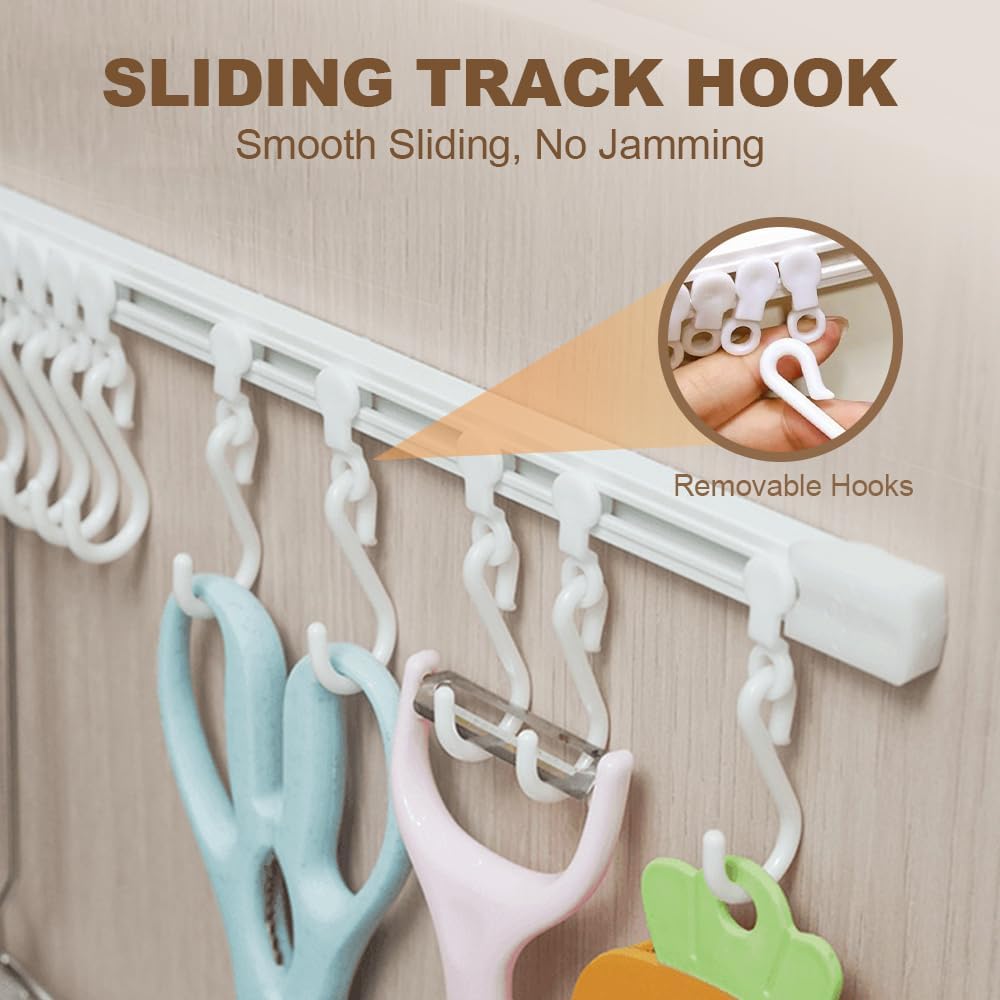 Multifunctional Slide Rail Hook,Kitchen Utensil Hanging Rack Wall Mounted Hanger,Space Saving Utensil Holder with 10 Hooks
