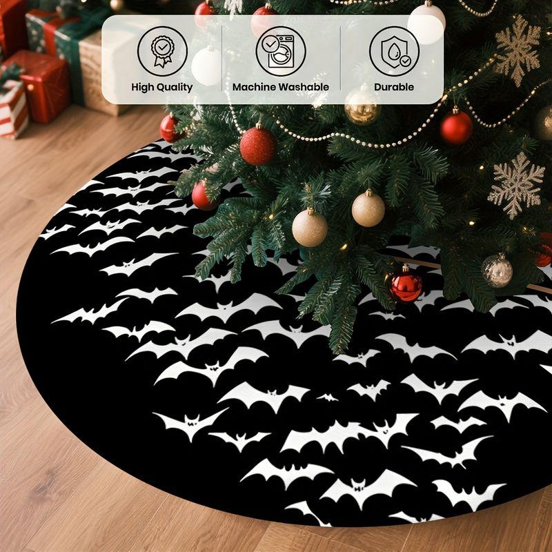 Christmas Tree Skirt Black White Bat Print Round Xmas Tree Mat Gothic Halloween Winter Holiday Home Party Decor Rug