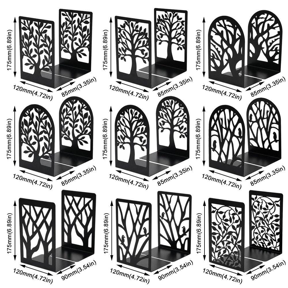 2Pcs Hollow Tree Pattern Metal Bookends T-Shape Book Stopper Desktop Bookshelf Organizer Gift
