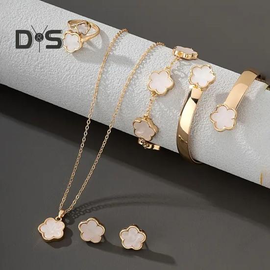 5 шт./компл. женский комплект ювелирных изделий Lucky Flower Decor сверкающие стразы ожерелье браслет серьги кольцо комплект модные ювелирные изделия