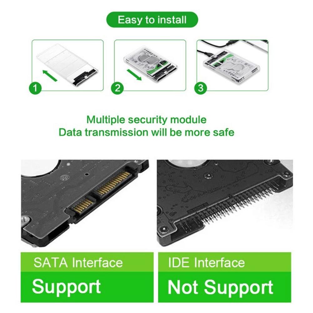 Transparent HDD Case HDD Enclosure 2.5 Inch SSD SATA To USB2.0 Type-C Adapter Portable External Hard Drive Box Tool-Free