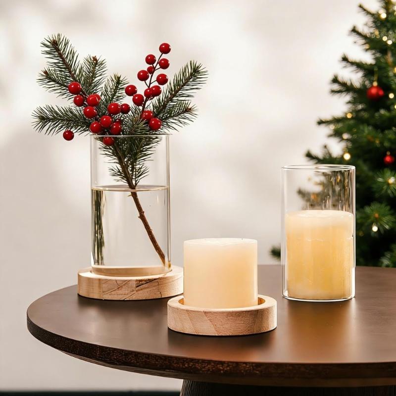 Clear Glass Cylinder Vases Set of 2 Windproof Candle Holders with Wooden Plate for Flower Arrangements, Party Tables and Living Room Decors