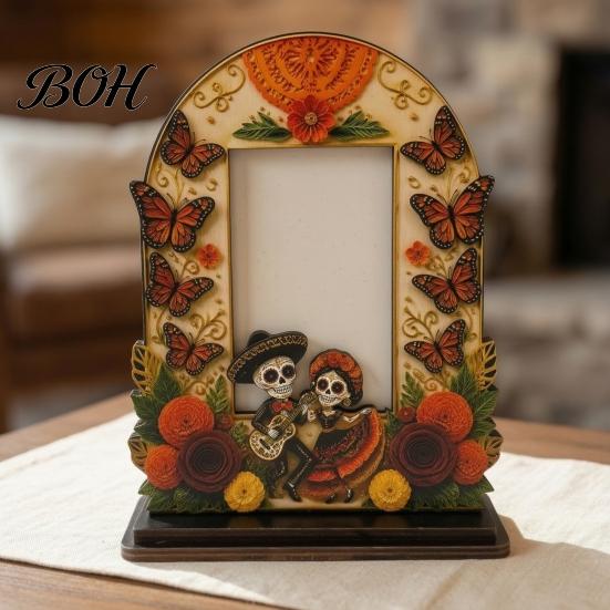 Unique Festival Gift Ideas Dia De Los Muertos Wooden Photo Frame Tabletop Decor, Day of The Dead Sugar Skull Ornaments Memorial Picture Holder