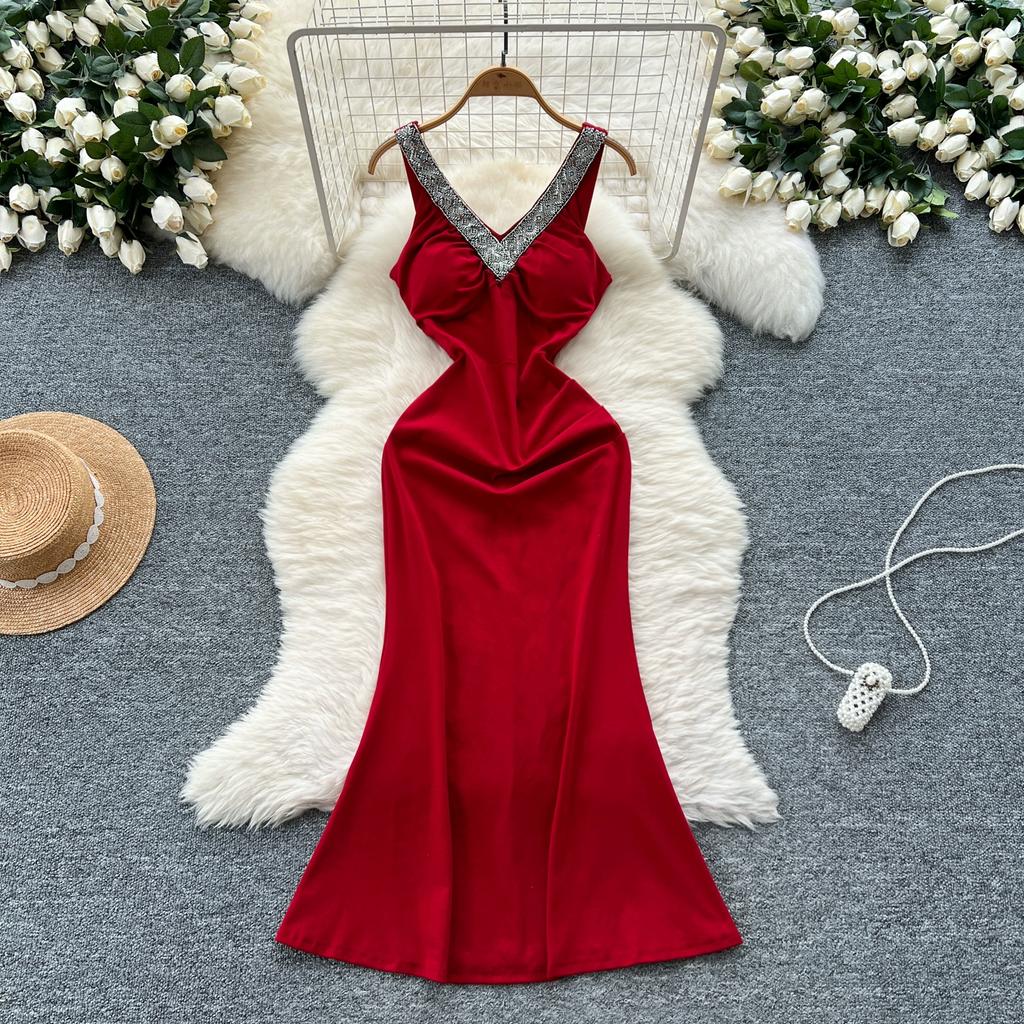 Летние женские V-образный вырез без рукавов бисерные однотонные вечерние платья-русалка с длинным миди-платьем