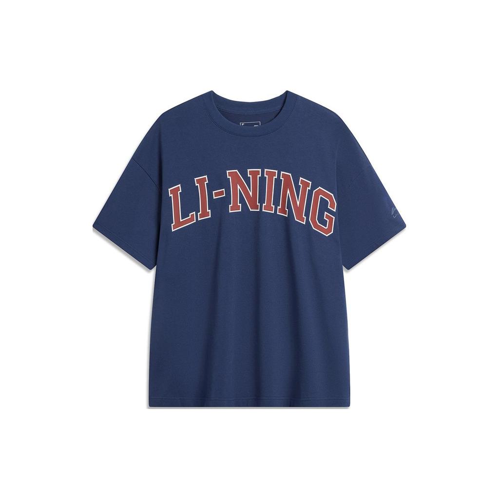Li Ning Sports Lifestyle Series American Vintage Round Neck Casual Loose Summer Short Sleeve T-Shirt Unisex Tops Deep-Navy AHSU653-3