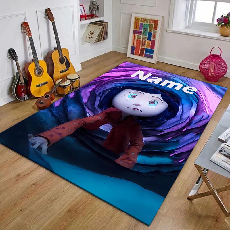 Custom Coraline Mat Personalized Name, Polyester Washable Indoor Entryway Rug, Gift for Christmas, Easter, Thanksgiving Day