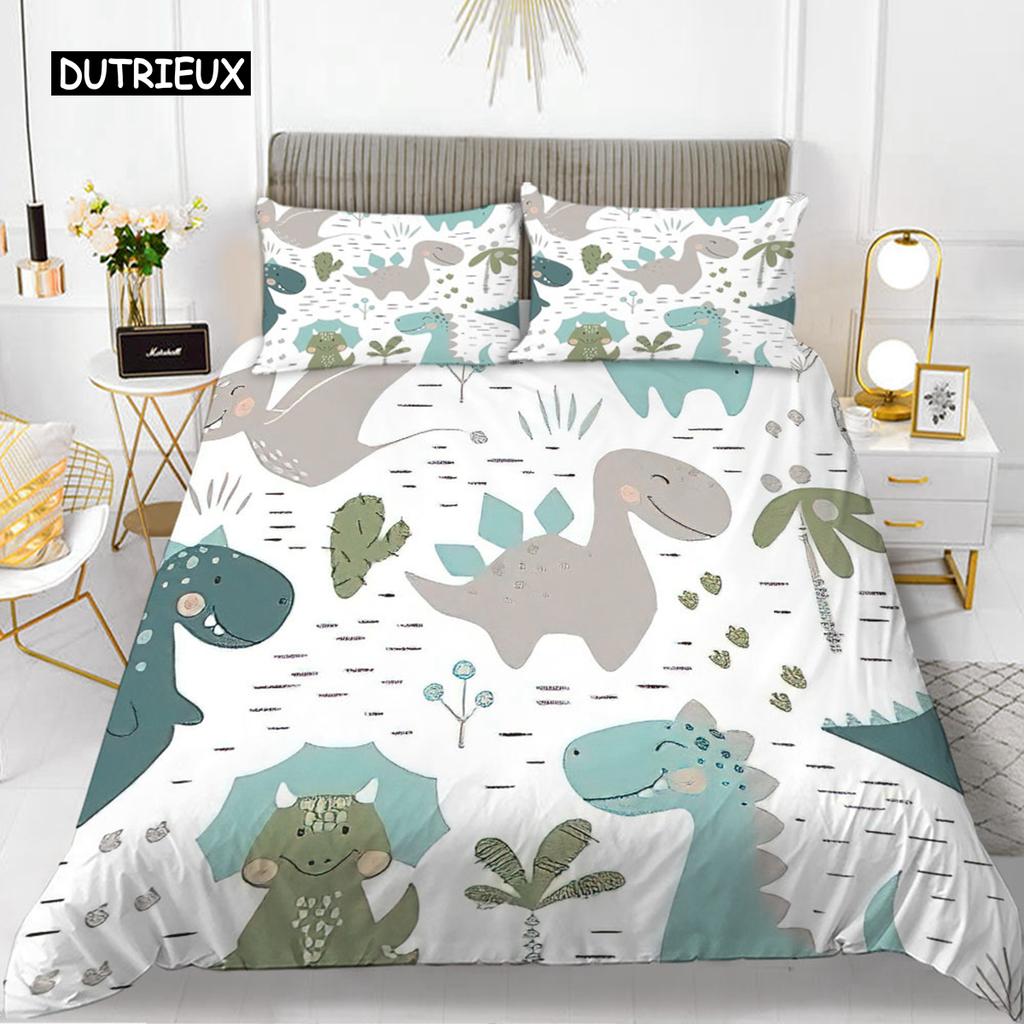 Cartoon Dinosaur Duvet Cover Set King Microfiber Cute Cartoon Dino Comforter Cover Set Jungle Animals Bedding Set for Baby Girls