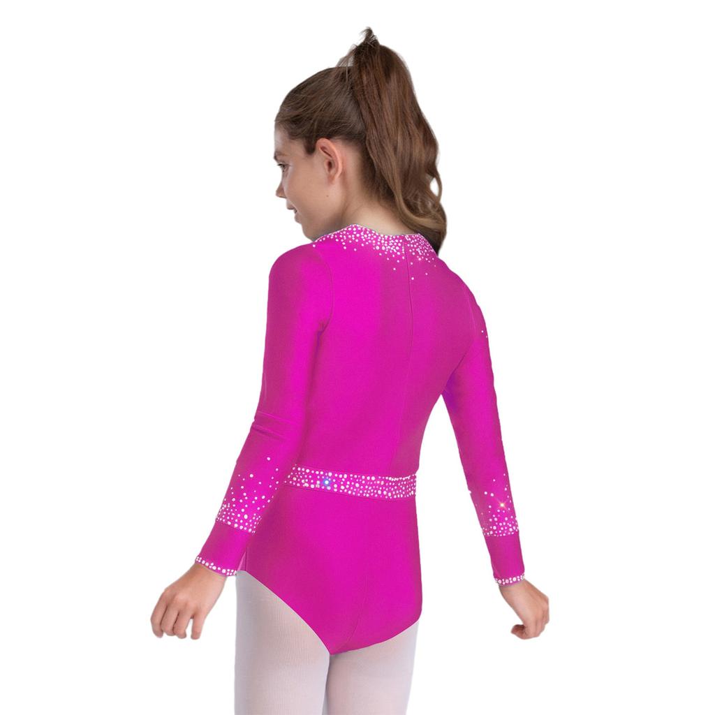 Девочки Блестящие Стразы Длинный Рукав Задняя Невидимая Молния Вырез спереди Гимнастический Купальник Сценический Боди