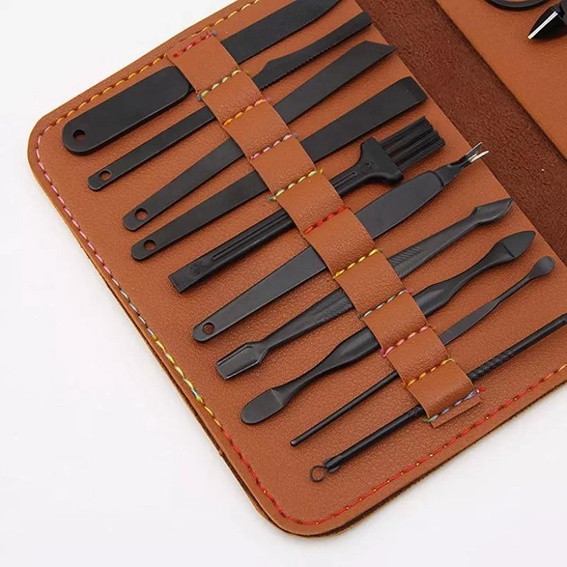 Professional Manicure Pedicure Kit 16 Pieces, Stainless Steel Nail Tools with Storage Case, Matte Black, Home Travel Portable Nail Care Set