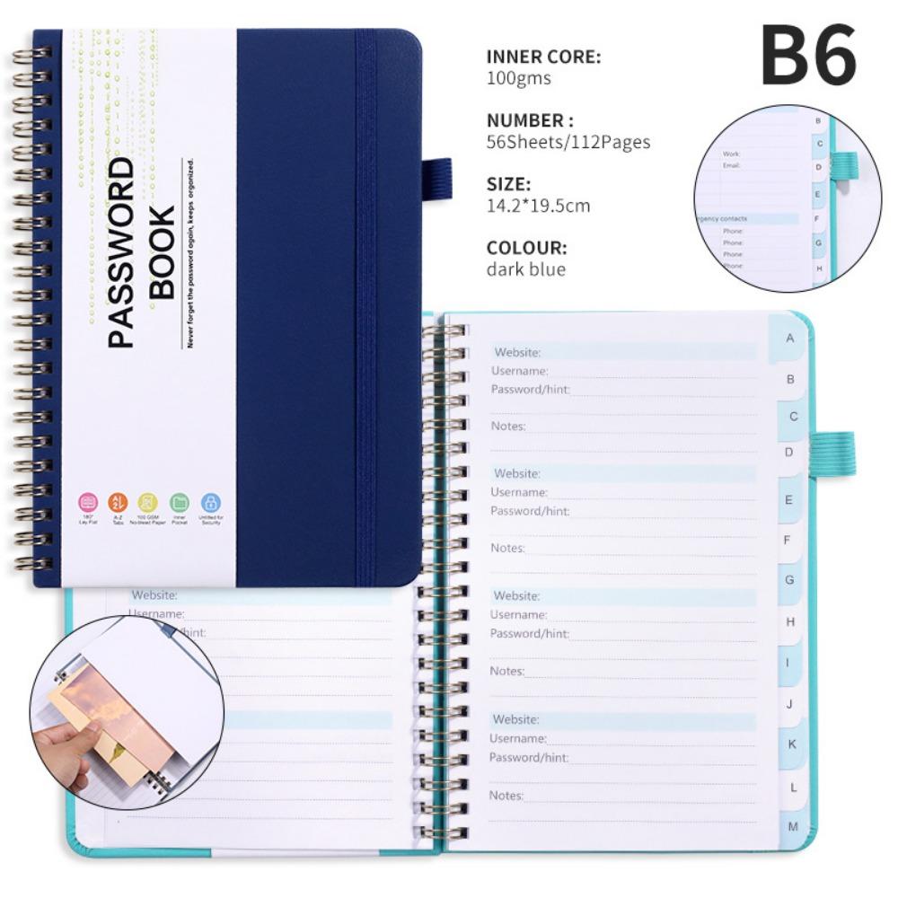 With Alphabetical Tabs Pocket Password Keeper Book Coil Book A6/B6 Size Password Keeper Notebook Portable with Penholder