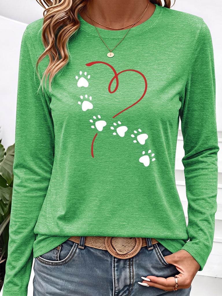 Women's Casual Long Sleeve Tee Round Neck Soft Top with Red Heart & White Paw Print, Minimalist Pullover for Commute Vacation Daily Outfit