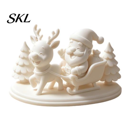 Настольная атмосфера 3D-печатная фигурка саней Санты, Белый Клаус на олене Статуэтка из ПЛА-пластика, Рождественское настольное украшение для