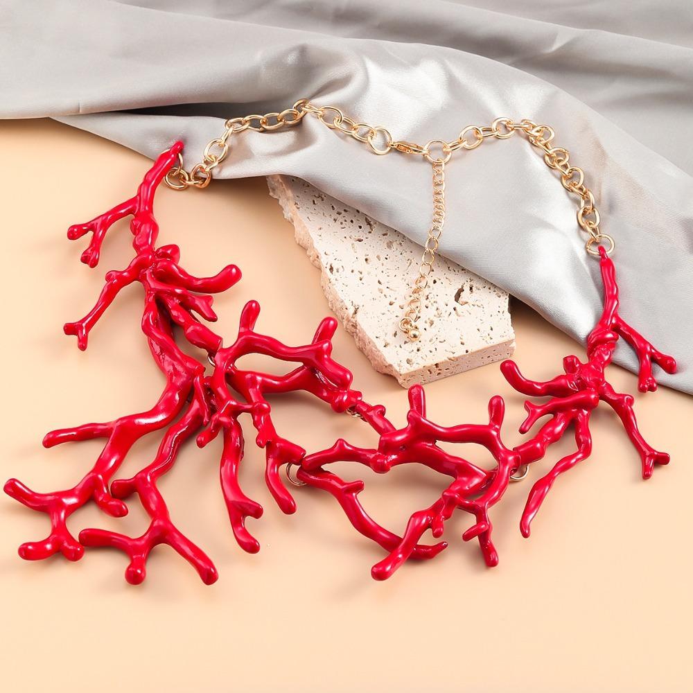 Новое Модное Коралловое Красное Сплавное Ожерелье Коралл Винтажное Преувеличенные Коралловые Ожерелья Богемия Богемные Аксессуары