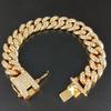 Full Crystal Stone Cuban Chain Hip Hop Bracelet For Men Copper Color Metal Link Chain Rhinestone Luck Closure Mens Bracelet
