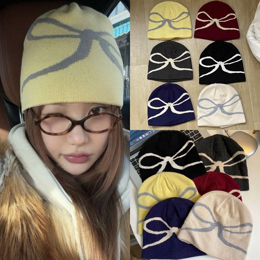 Revealing Face Small Winter Warm Hats Bow Pattern Knitted Beanies Y2k Warm Thick Hats Autumn