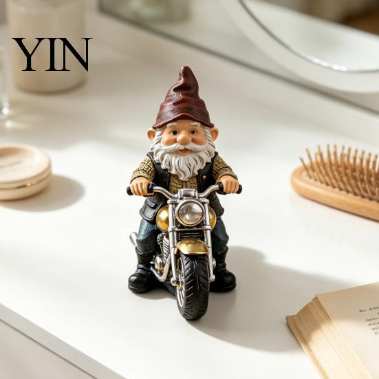 Miniature Gnome Statue Riding Retro Motorcycle Figurine, Motorbike Dwarf Resin Weatherproof Figurine Sculpture, Ornament for Home Office Desk