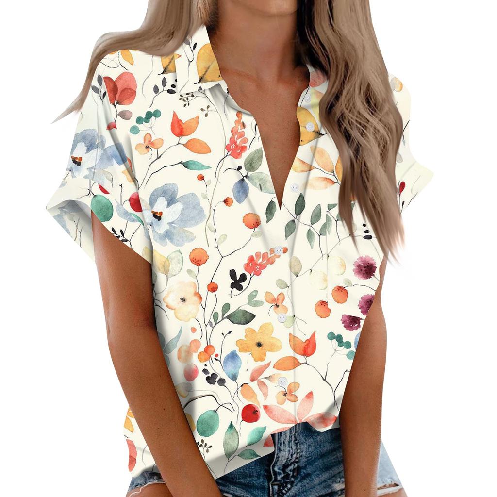 Women's Short Sleeved Shirt, Daily Fashion Printed Button Top, Chest Pocket Cardigan