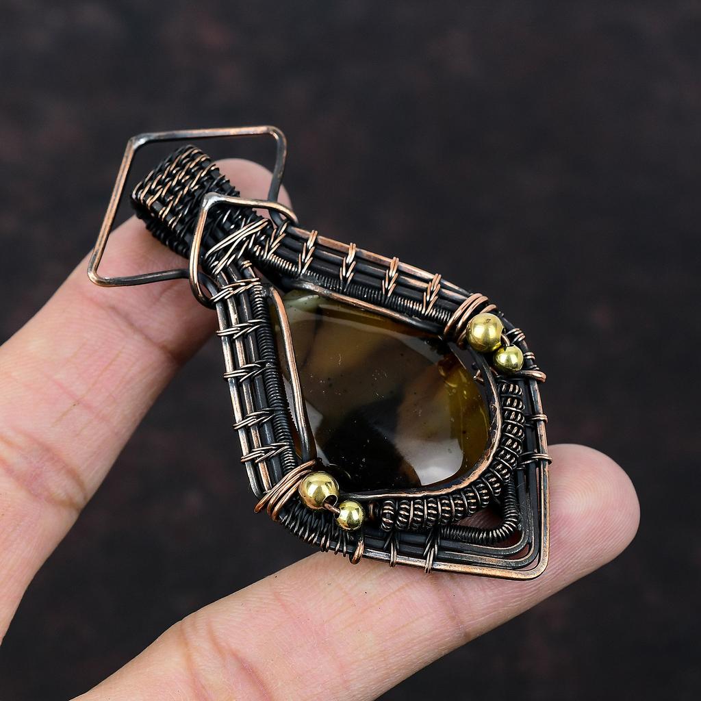 Подвеска из агата Монтана, обернутая медной проволокой, ювелирное изделие ручной работы, медный кулон, ювелирное изделие из натурального драгоценного камня, потрясающая подвеска, обернутая проволокой, подарок для нее