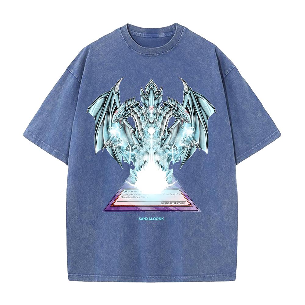 Anime YuGiOh Tshirt BlueEyes White Dragon Washed Yk T Shirt Mens Clothing Summer Short Sleeve Loose Cotton Soft Tees Tops