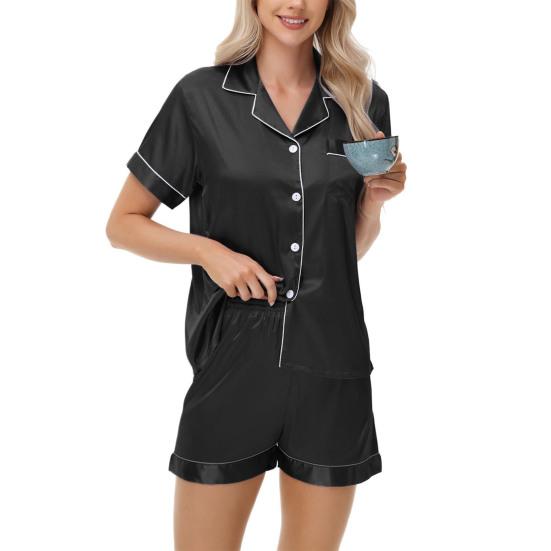 2 Pcs/Set Pajamas Suit Satin Single-breasted Cardigan Shirt V Neck Notch Collar Solid Color Shirt