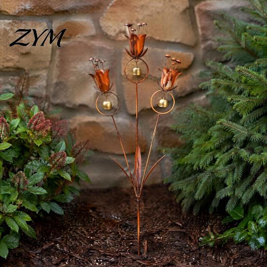 Metal Flower Yard Art Flame Copper Lily Tulip Garden Stake with Wind Chime Bells, Rustic Weatherproof Vintage Style Sculptures Decor for Lawn