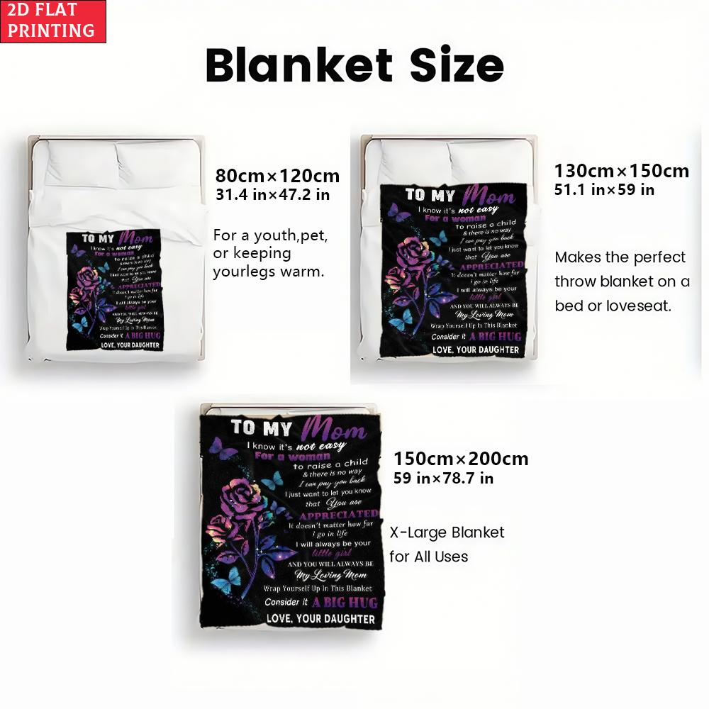 To My Mom Print Flannel Blanket,Purple Rose Butterfly Warm Throw Blanket, Mother's Day Gift from Daughter, Cozy Bed Sofa Blanket